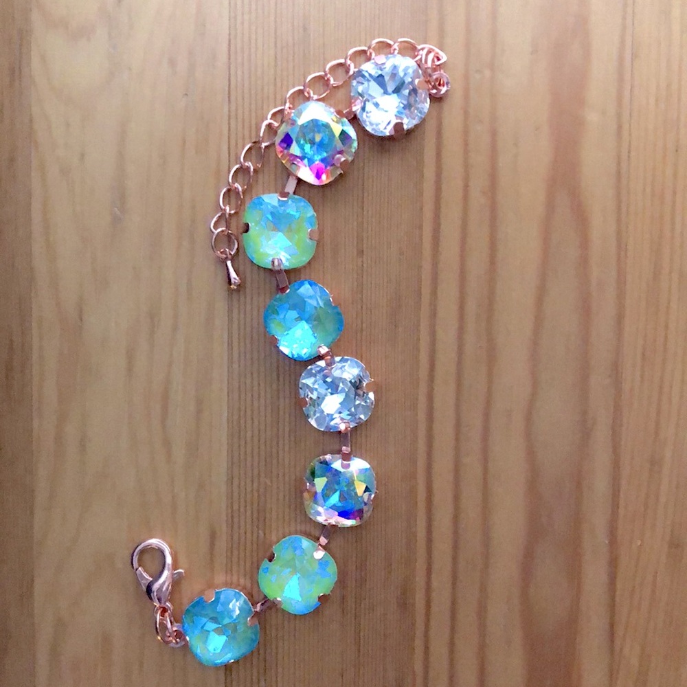 Aquamarine + Peridot AB Cushion Rose Gold Crystal Tennis Bracelet - Picture 3 of 11